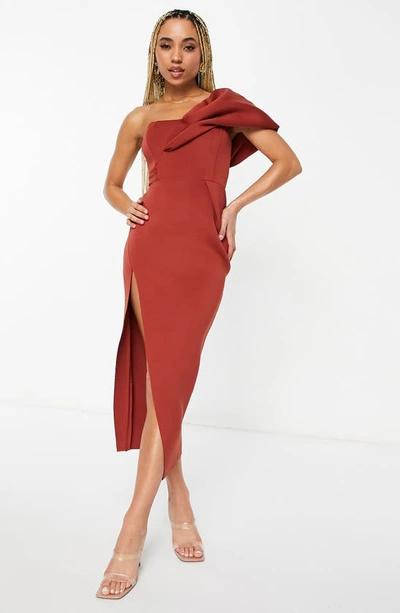 Shop Asos Design One-shoulder Midi Dress In Red