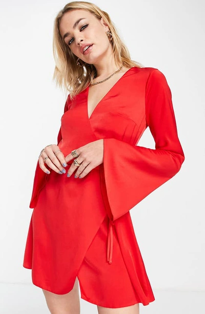 Asos Design Bias Cut Satin Wrap Mini Dress With Tie Waist In Red | ModeSens