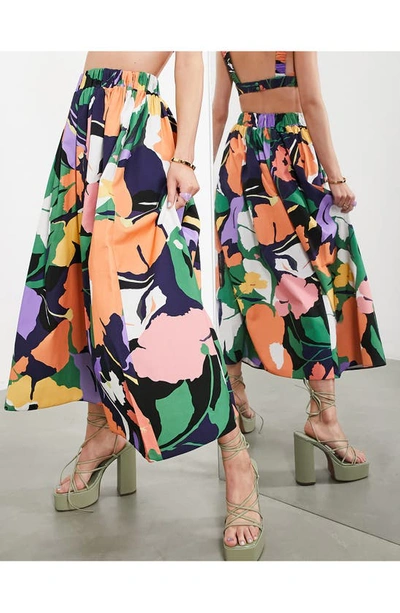 Asos Design Floral Print Cotton Skirt In Green Multi