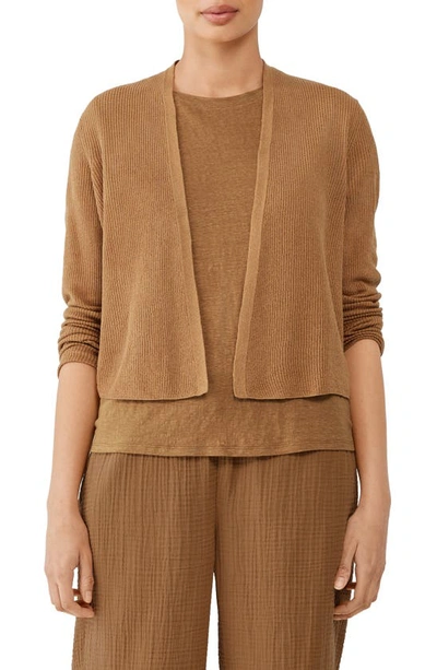 Shop Eileen Fisher Ribbed Organic Linen & Cotton Cardigan In Chestnut