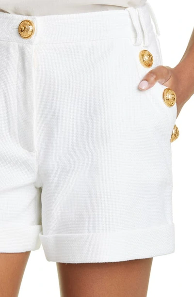 Shop Balmain Button Detail Cotton Piqué Shorts In 0fa 0fa Blanc