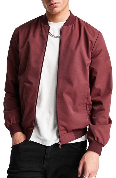 Asos Design Lightweight Bomber Jacket In Burgundy-red | ModeSens