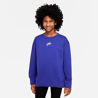 Shop Nike Girls' Club Fleece Boyfriend Crewneck Sweatshirt In Lapis/white