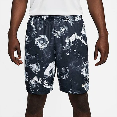 Shop Nike Men's Dri-fit All-over Print Knit Shorts In Dark Obsidian/midnight Navy/coconut Milk