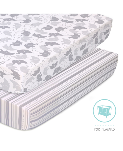 Shop The Peanutshell Elephants And Stripe Playard Sheets, Pack Of 2 In Gray