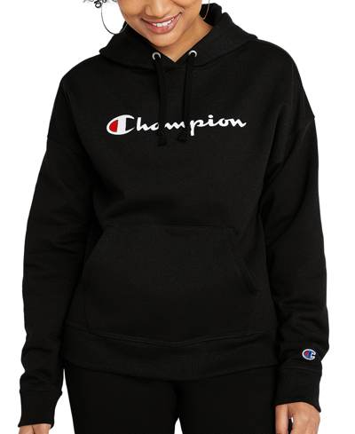 Shop Champion Women's Relaxed Logo Fleece Sweatshirt Hoodie In Black