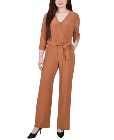 Shop Ny Collection Petite 3/4 Sleeve Belted Wide Leg Jumpsuit In Meerkat
