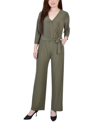 Shop Ny Collection Petite 3/4 Sleeve Belted Wide Leg Jumpsuit In Oil Green