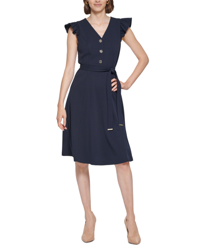 Shop Tommy Hilfiger Petite Scuba-crepe Flutter-sleeve A-line Shirtdress In Sky Captain