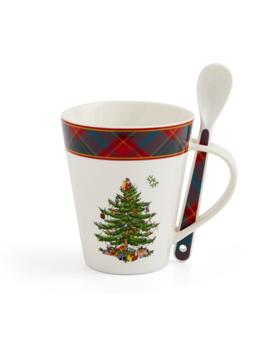Spode Christmas Tree Tartan Mug And Spoon Set In Green