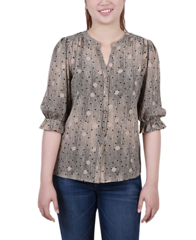 Ny Collection Petite Elbow Sleeve Y-neck Blouse In Doeskin Nurse Dot