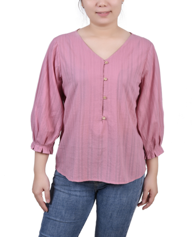 Ny Collection Petite Size 3/4 Sleeve Button Placket Jacquard Blouse In Lilas