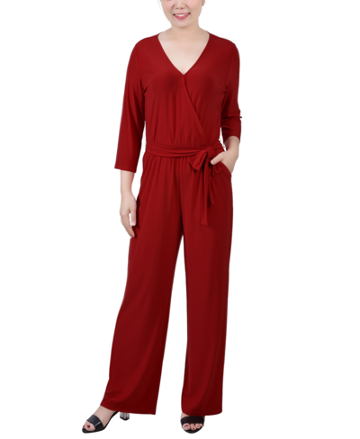 Shop Ny Collection Petite 3/4 Sleeve Belted Wide Leg Jumpsuit In Wine