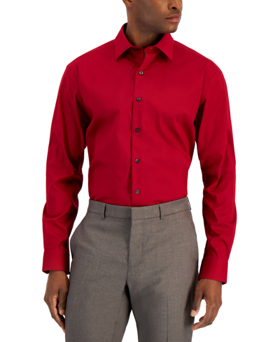 Shop Alfani Men's Regular Fit Stain Resistant Dress Shirt, Created For Macy's In Crimson Red