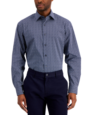 Shop Alfani Men's Regular Fit Traveler Stretch Geo Print Dress Shirt, Created For Macy's In Navy