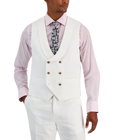 Shop Tayion Collection Men's Classic-fit Double-breasted Linen Suit Vest In White Herringbone