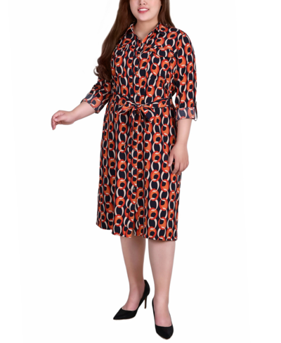 Shop Ny Collection Plus Size Printed Shirt Dress In Circle Chain Orange And Black