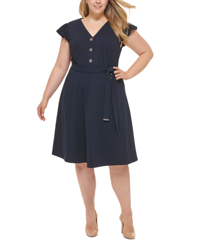 Shop Tommy Hilfiger Plus Size Tie-waist Flutter-sleeve Scuba-crepe Dress In Sky Captain