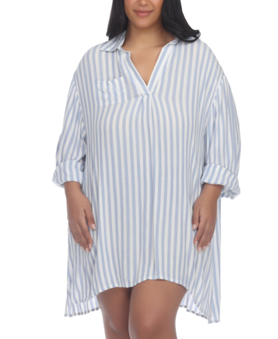 Shop Raviya Plus Size Striped Tunic Shirt Cover-up In Chambray Blue