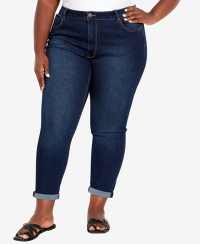 Shop Avenue Plus Size Girlfriend Stretch Jeans In Dark Wash