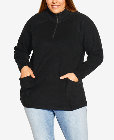 Shop Avenue Plus Size Polar Fleece Pocket Tunic Top In Black