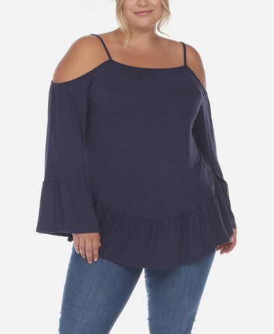 Shop White Mark Plus Size Cold Shoulder Ruffle Sleeve Top In Navy