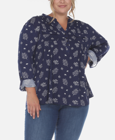 Shop White Mark Plus Size Pleated Long Sleeve Top In Navy