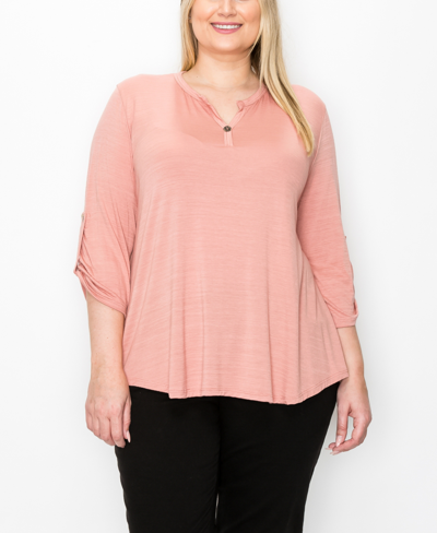 Shop Coin Plus Size 1 Button Henley Rolled Tab 3/4 Sleeve Top In Peach