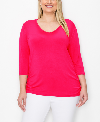 Shop Coin Plus Size V-neck Side Ruched 3/4 Sleeve Top In Hot Pink