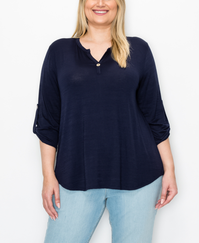 Shop Coin 1804 Plus Size 1 Button Henley Rolled Tab 3/4 Sleeve Top In Navy