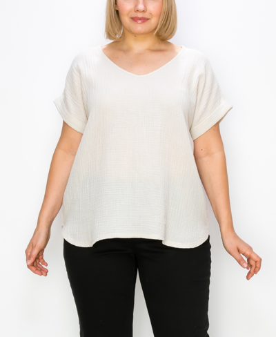 Shop Coin 1804 Plus Size Gauze V-neck Rolled Sleeve Top In Natural