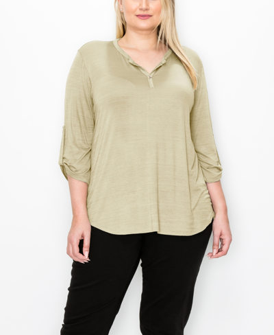 Shop Coin Plus Size 1 Button Henley Rolled Tab 3/4 Sleeve Top In Stone