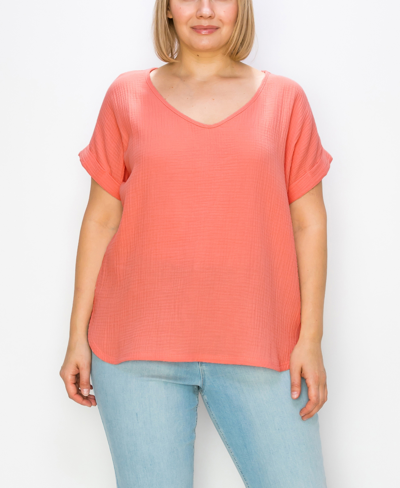 Shop Coin Plus Size Gauze V-neck Rolled Sleeve Top In Coral