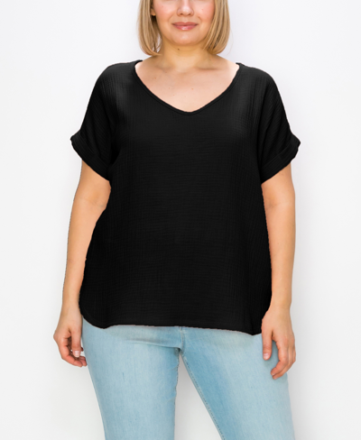 Shop Coin Plus Size Gauze V-neck Rolled Sleeve Top In Black