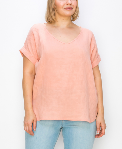 Shop Coin Plus Size Gauze V-neck Rolled Sleeve Top In Papaya