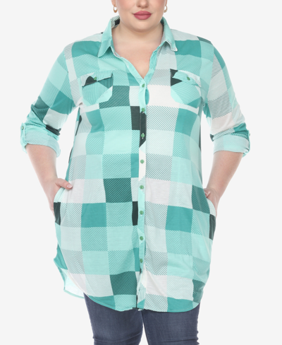 Shop White Mark Plus Size Plaid Tunic Shirt In Green And White