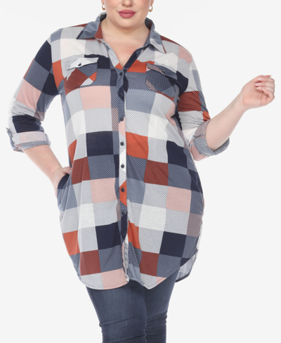 Shop White Mark Plus Size Plaid Tunic Shirt In Blue And Brown