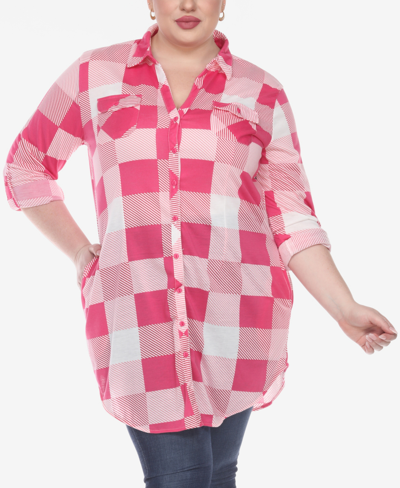Shop White Mark Plus Size Plaid Tunic Shirt In Pink And White