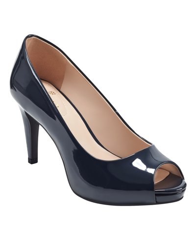 Shop Bandolino Women's Rainaa Peep Toe Platform Stiletto Dress Pumps In Navy Patent Faux Patent Leather