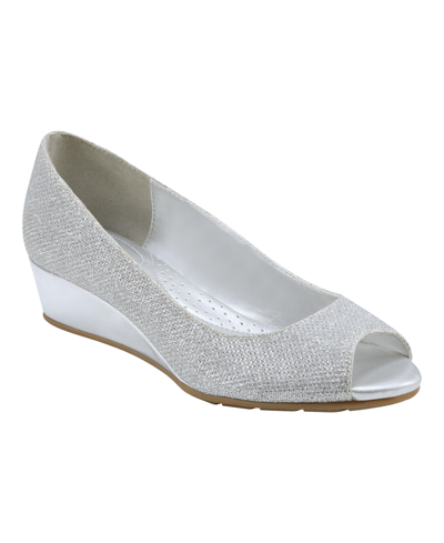 Shop Bandolino Women's Candra Peep Toe Dress Wedges In Silver Glam