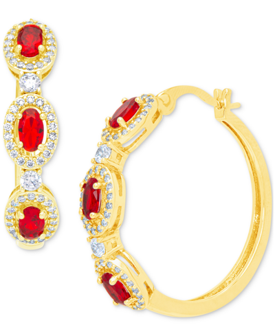 Macy's Lab-created Ruby (2-1/10 Ct. T.w.) & Cubic Zirconia Medium Hoop Earrings In Gold-plated Brass, 1.1" In Ruby