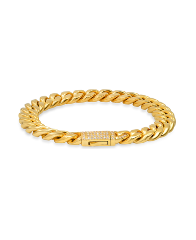 Steeltime Men's 18k Gold Plated Stainless Steel Thick Cuban Link Chain Bracelet With Simulated Diamonds Clasp In Gold Plated