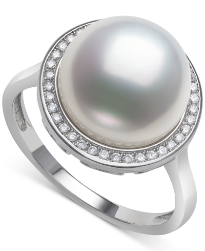 Shop Belle De Mer Cultured Freshwater Button Pearl (11mm) & Cubic Zirconia Halo Ring In Sterling Silver