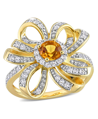 Macy's 18k Gold Plated Sterling Silver Or Sterling Silver Citrine, Amethyst And White Topaz Flower Cocktail In Citrine