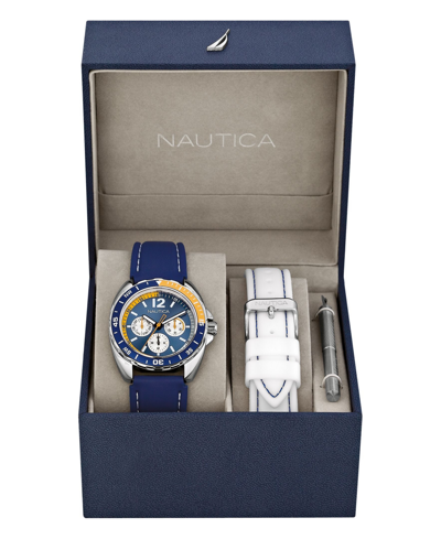 Shop Nautica Men's N09915g Sport Ring Multifunction Navy Resin Strap Watch Box Set With White Resin Strap In Navy/yellow/white