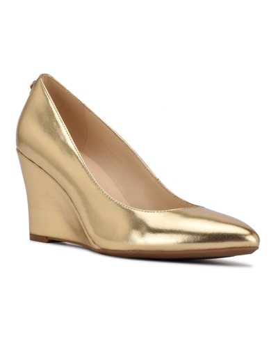 Shop Nine West Women's Cal 9x9 Slip-on Pointy Toe Dress Pumps In Gold Faux Leather
