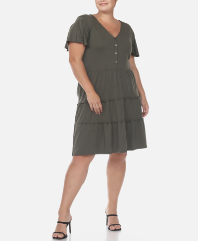Shop White Mark Plus Size Short Sleeve V-neck Tiered Midi Dress In Olive
