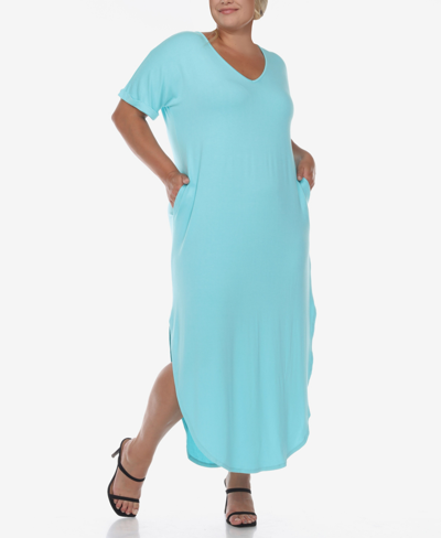 Shop White Mark Plus Size Short Sleeve V-neck Maxi Dress In Aqua