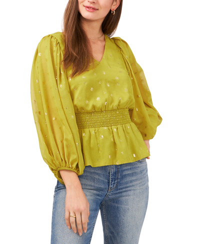 Shop Vince Camuto Women's Foiled Smocked-hem Puff-sleeve Blouse In Avocado