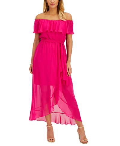 Shop Sl Fashions Ruffle Off-the-shoulder Maxi Dress In Azalea